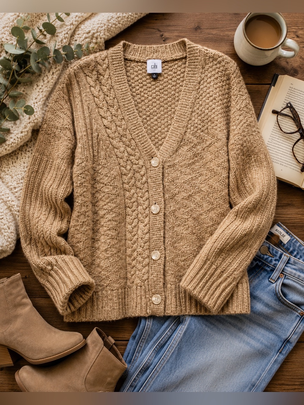 CAbi Chunky Cable Knit Grandpa Cardigan Sweater Beige Small Tan Women’s